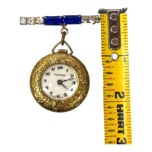 Vintage Lucerne Brooch Watch Swiss Made Gold Tone Etched Face Rhinestones Blue - Picture 5 of 6